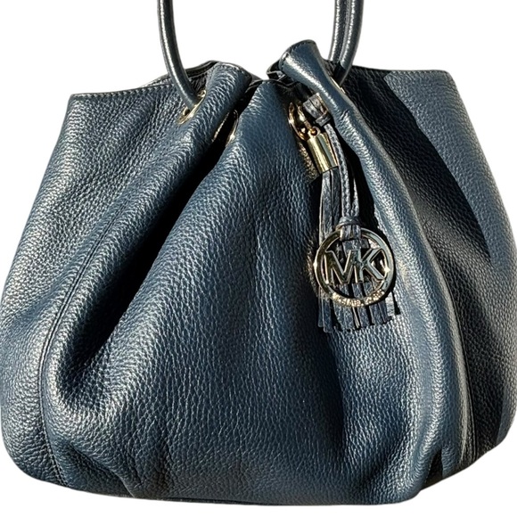 Michael Kors Navy Blue Leather Drawstring Ring Handles Satchel Shoulder Bag-Navy - Picture 3 of 15